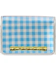Light Blue and White GIngham Clear Stadium Bag with Gold Bamboo Stick